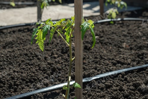 Preview: tomato seedlings grown in beds with automatic watering in the ecological garden. Hose for watering a