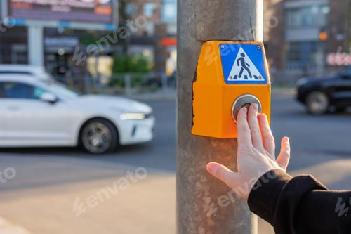 Preview: person presses button at traffic light to stop movement of cars and safely cross road intersection
