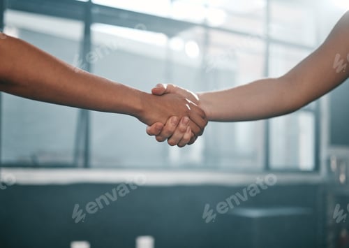 Preview: Fitness, partnership or people handshake at gym for team work, trust or support after workout or ex