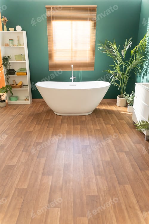 Preview: Modern bright bathroom with wooden floor and green walls.