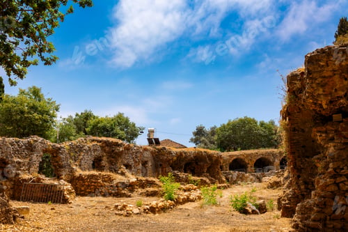 Preview: Landscape view old walls of fortress on Mediterranean coast. View of Alanya Castle, stone ruins in