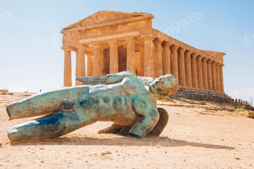 Preview: Modern sculpture of Icarus in front of the Temple of Concordia, Valley of the Temples, Sicily, Italy
