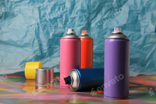 Preview: Cans of different graffiti spray paints on color background