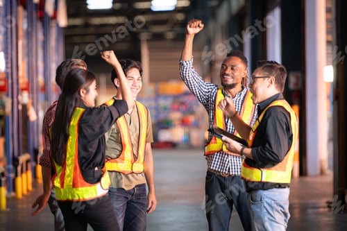 Preview: A group of warehouse employees, Inspecting products on warehouse shelves