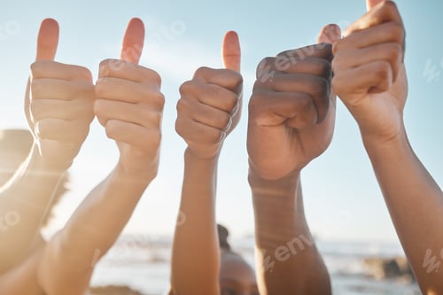 Preview: People, hands and diversity with thumbs up at beach for good job, agreement or success together. Ha