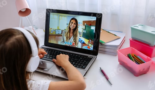 Preview: Girl Learning Online with Woman Teacher on Screen