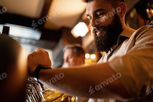 Preview: Below view of smiling bartender pouring draft beer in a glass.