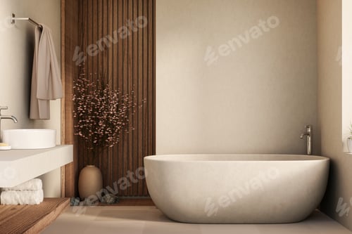 Preview: White tub with silver tap on tiles floor aside flower vase and sink counter in cosy modern bathroom.