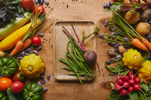 Preview: Nutritious food layout with tray on wooden table