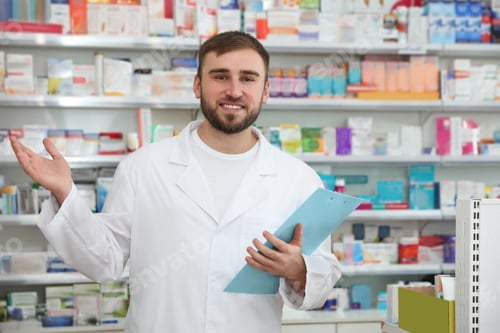Preview: Professional pharmacist with clipboard in modern drugstore
