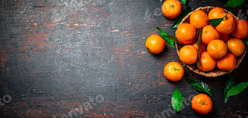 Preview: Fresh tangerines with leaves in a basket.