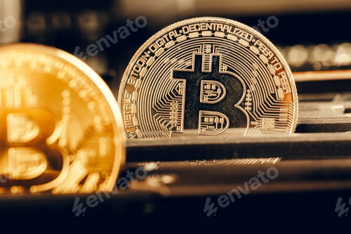 Preview: golden bitcoin and computer chip in background