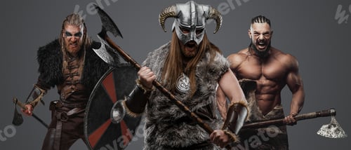 Preview: Three furious vikings from past against gray background