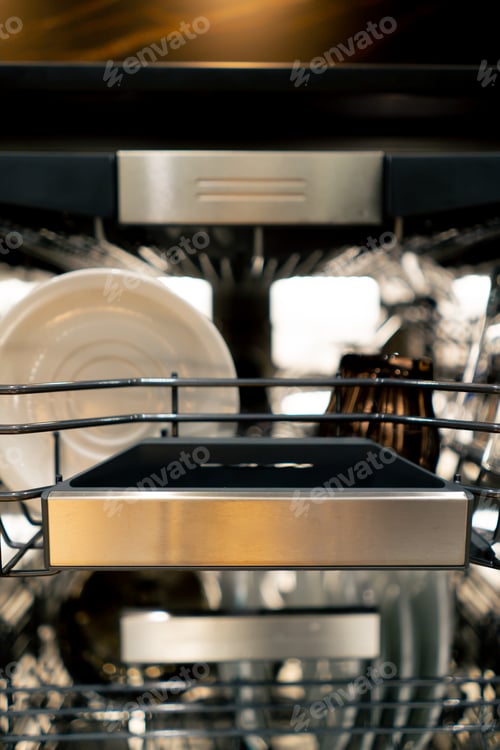 Preview: close-up of a professional dishwasher with washed dishes device for home cleanliness and order