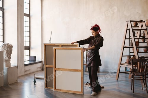 Preview: Young white woman painter in an art studio
