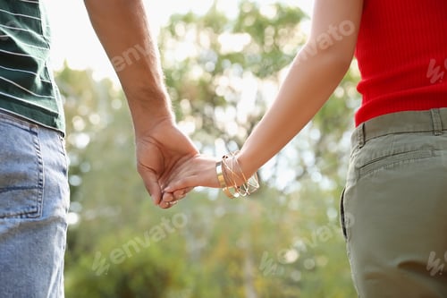 Preview: Lovely couple walking together in park on sunny day, closeup