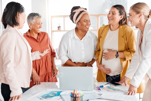 Preview: Laughing, business women or startup brainstorming in meeting for company growth, research or strate