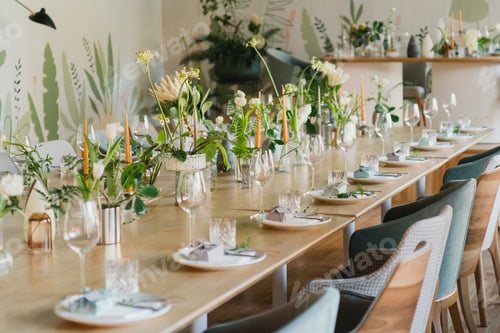 Preview: Coziness and style. Modern event design. Table setting at the wedding reception.