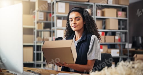 Preview: Woman, scanner and box for warehouse distribution of inventory management, order barcode and stock.