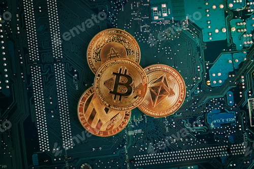 Vista previa: Closeup of Bitcoin, Ethereum, Litecoin and Cardano coins on the electronic circuit board.