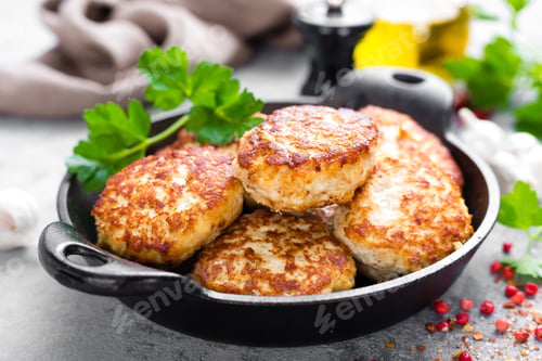 Preview: Cutlets. Fried cutlets in cast-iron pan on table
