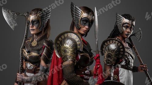 Preview: Multiethnic group of female warriors with cold steel