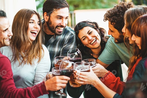 Preview: Cheerful millennial friends celebrating in the afternoon by clinking and toasting wine and beers hav