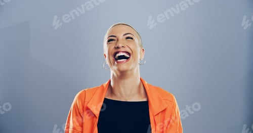 Preview: Crazy, woman and happy for laugh in studio with confidence, joke and good mood on gray background.