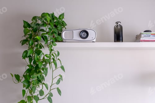 Visualização: White screen projector put on a shelf with a plant and an empty vintage bottle next to it