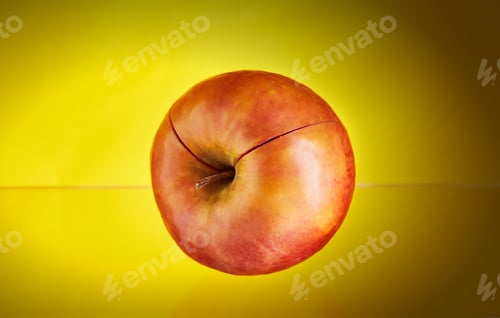 Vista previa: Manzana con pulpa roja en el interior con una cuña recortada. Fondo amarillo aislado.