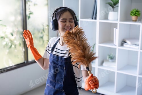 Preview: Focused Cleaner Wiping Glass Detail Oriented Home Cleaning Concept