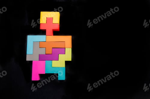 Preview: robot silhouette wooden blocks on black background. human