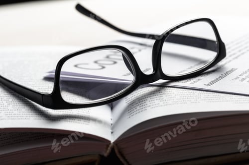 Preview: Glasses resting on an open book with printed text during a quiet reading session