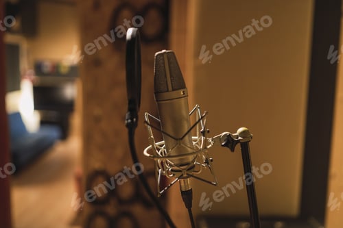 Preview: Selective focus shot of a professional studio microphone with a pop filter