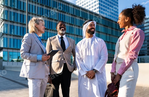 Preview: Group of multiethnic business people meeting an emirati businessman