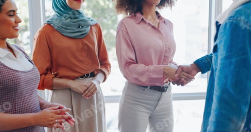Preview: Teamwork, business people and handshake for partnership, collaboration or deal in office meeting. T