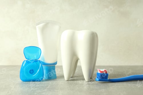 Preview: Concept of dental care or tooth care on gray textured table