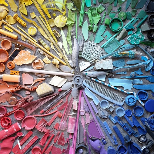 Preview: large collection of trash and plastic pollution collected from the beach