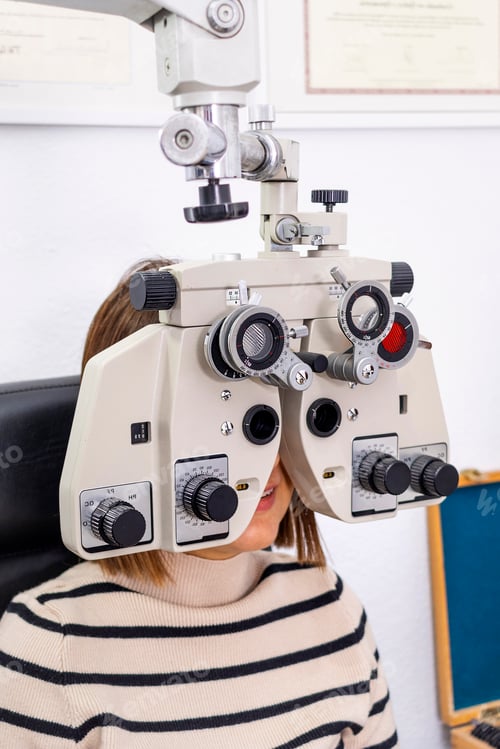 Preview: Optician and optometrist. Young woman during a visual test with phoropter.