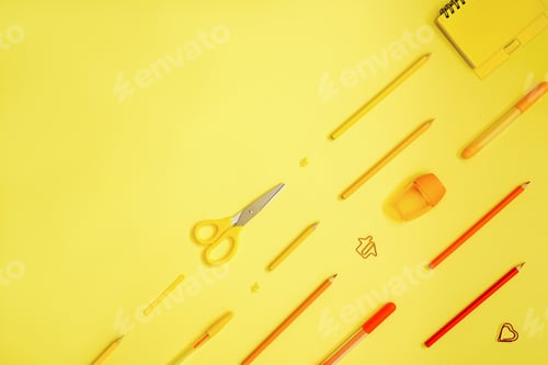 Preview: Stationery on yellow. Flat lay.