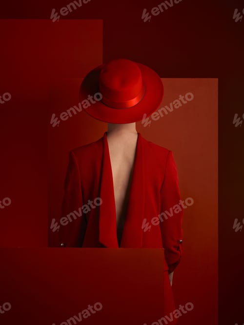 Preview: Back, fashion and mock up with a woman on a red background in studio for marketing, advertising or