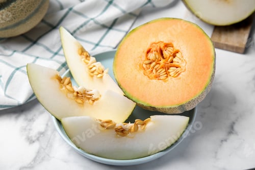 Preview: Tasty colorful ripe melons on white marble table