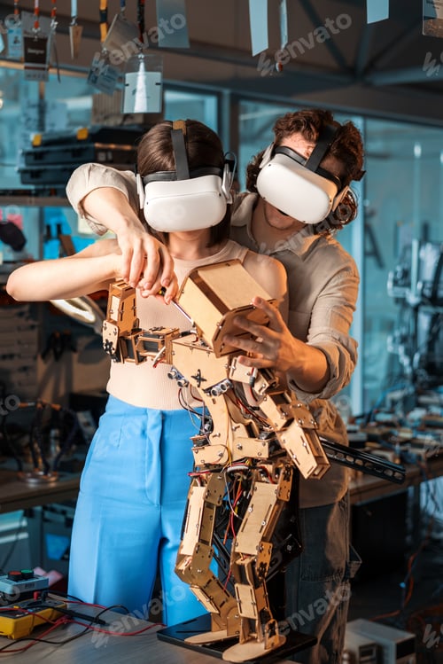 Preview: Young man and woman in VR glasses doing experiments in robotics in a laboratory