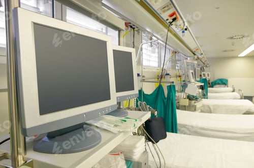 Preview: Hospital intensive care unit with beds equipment. Health center