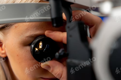 Preview: close-up in an ophthalmology clinic The girls inserted the lens and looked at the bottom of the eye