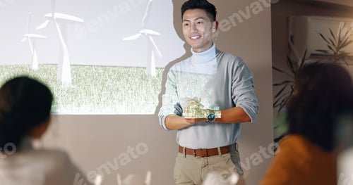Visualização: Speaker, man and presentation with workshop, eco friendly or wind turbines with corporate training,