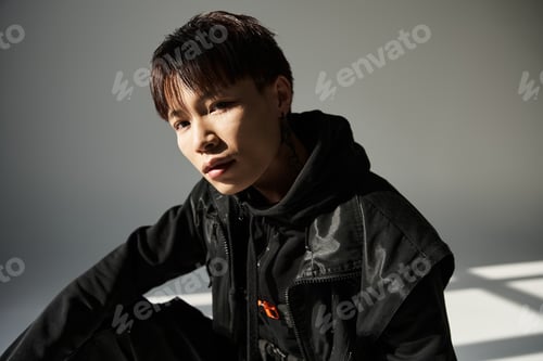 Preview: Stylish young asian man showcasing modern fashion against a minimalist gray background