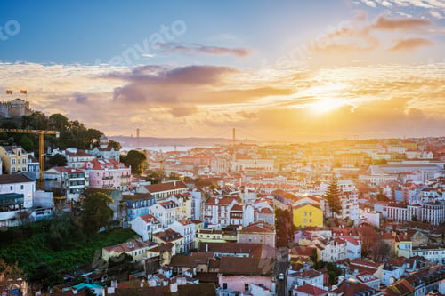 Preview: Sunset view over Lisbon with Carmo Convent and 25th of April Bridge
