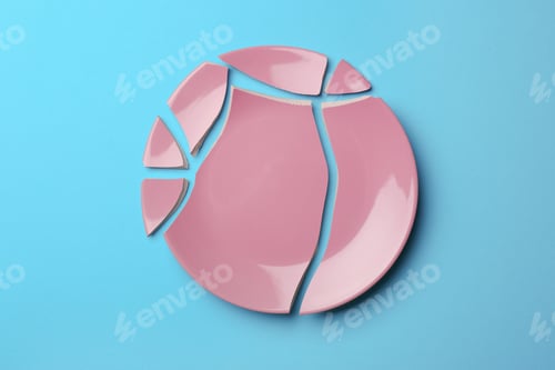 Preview: Pieces of broken ceramic plate on light blue background, flat lay