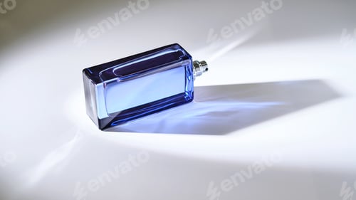Preview: Perfume spray in a blue bottle on a white background.